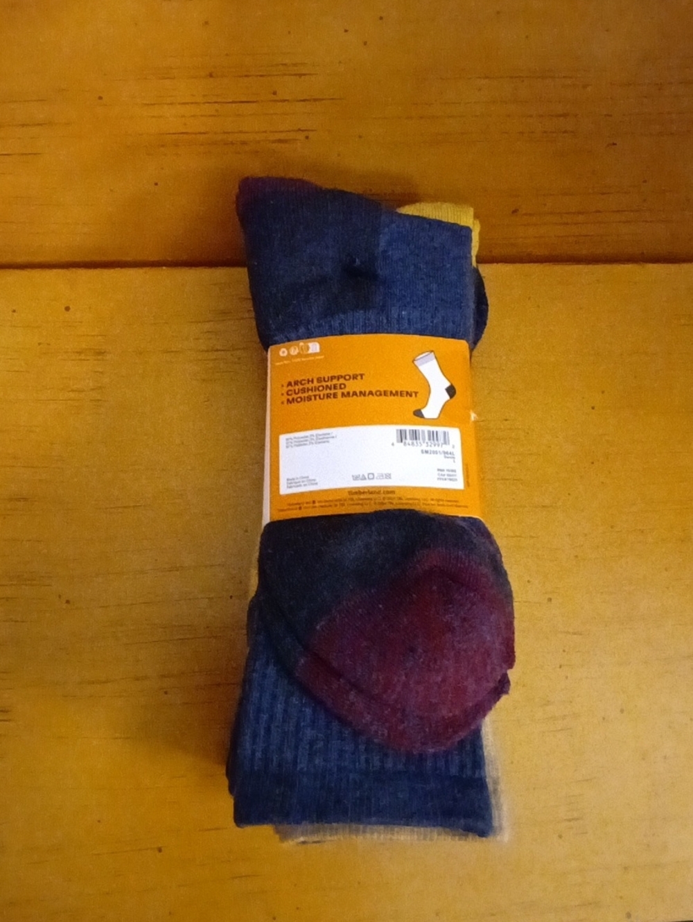 Timberland Men's Crew Socks in Navy with Burgundy and Yellow Accents